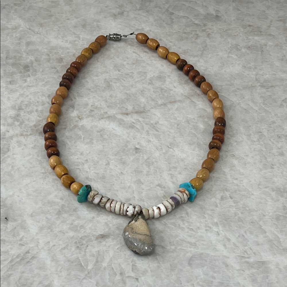 Wooden Beaded Necklace with Shell Pendant